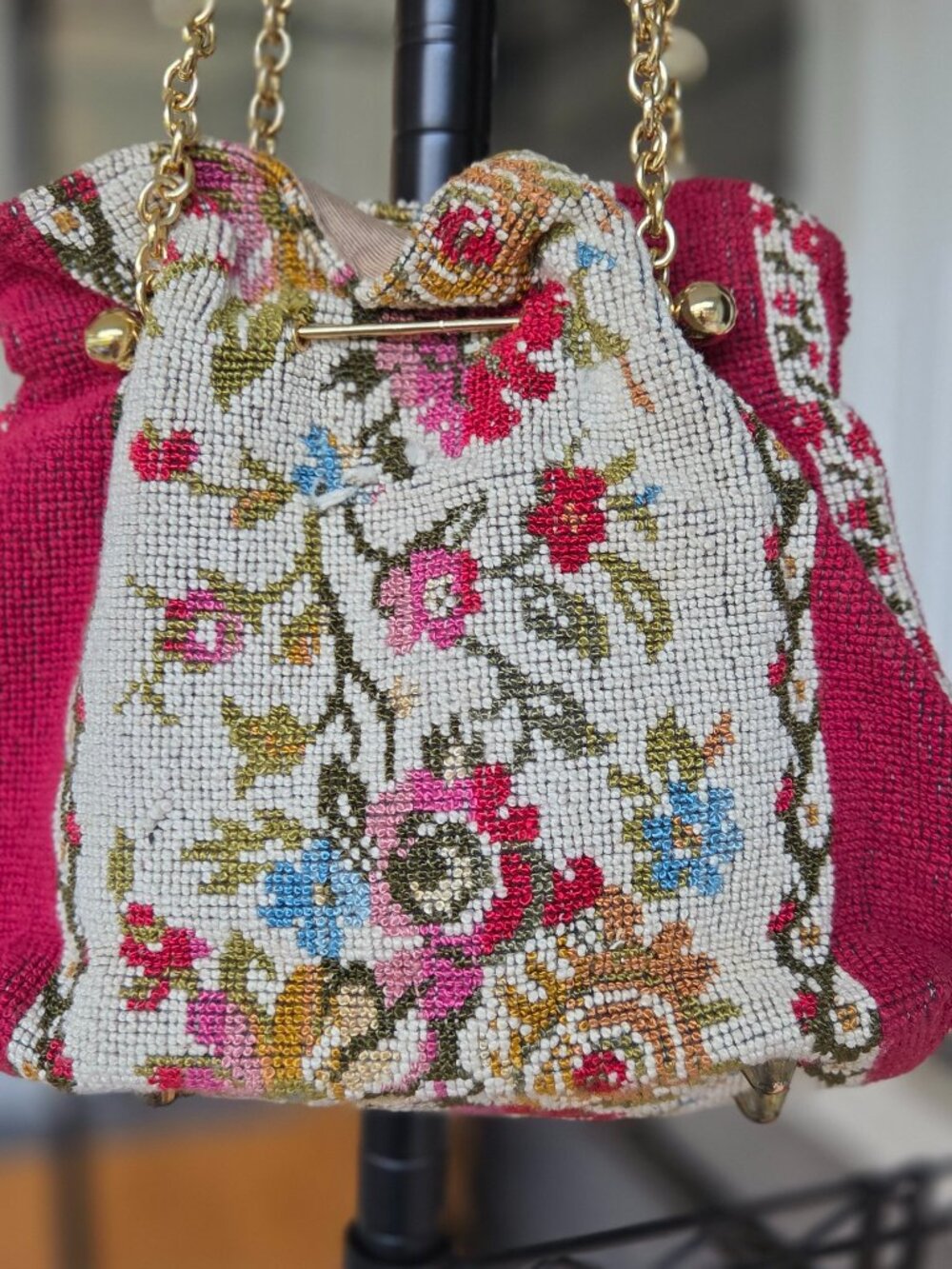 Vintage Needlepoint Tapestry Purse Gold Hardware and Chain Made in Italy